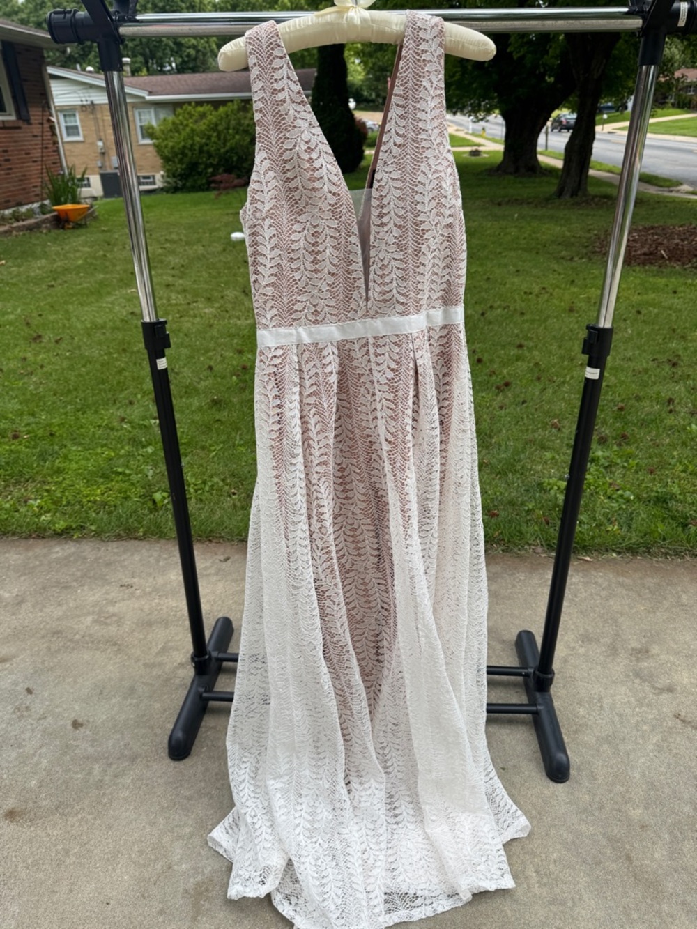 White Lace Deep V Maxi Dress